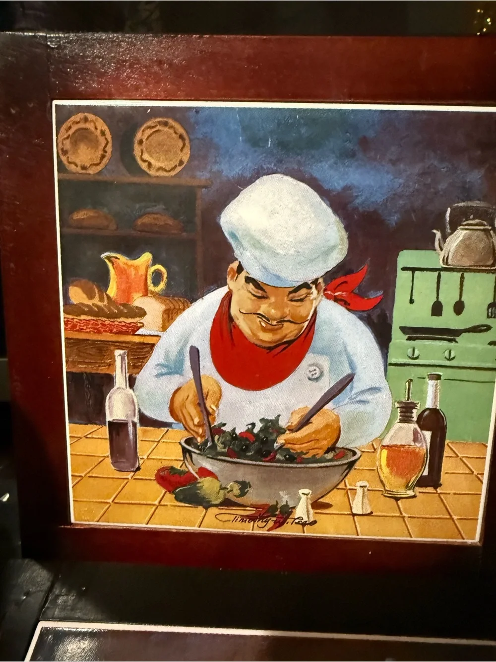 Chef Illustration Ceramic Tile Set - Red Wood Frame